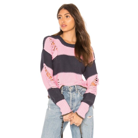 NSF Presley Sweater Women’s Size XS Striped Distressed Drop‎ Shoulder Pink - Picture 1 of 11